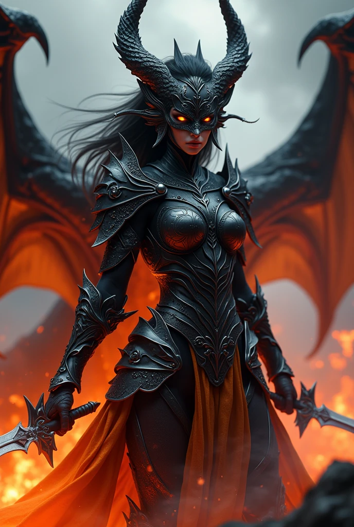 (low angle view:1.5), (fully body:1.5),1 Sexy female Demon Warrior, skull, black armour, Crown of the horns of the skeletal ram, Flame Shoes, Dynamic Digital Painting, (bokeh:1.5),Epic composition, improve the quality of the face