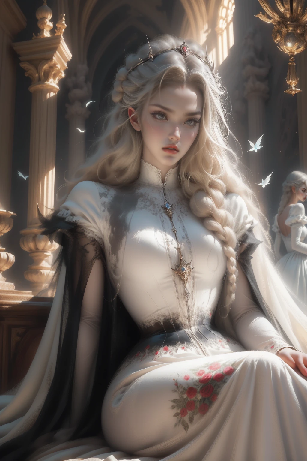 { - ??????? error}(Masterpiece - Ultra-detailed, very high resolution) Prepare to be enchanted by a true masterpiece that combines ultra-detailed art with high-resolution rendering. This work depicts a mesmerizing woman with very long blond hair (1.3) and captivating gray eyes (1.2), emanating an aura of elegance and mystery in Victorian settings. The intricate details and realistic textures invite you to explore every aspect of this enchanting composition. Woman wearing beautiful classic Victorian costume from the year 1878. Red lips. Happy face. Smiling. Delicate smile. white (white) dress. on the sun wearing period hat, dynamic poses. Get ready to dive into a world where beauty and craftsmanship merge perfectly.