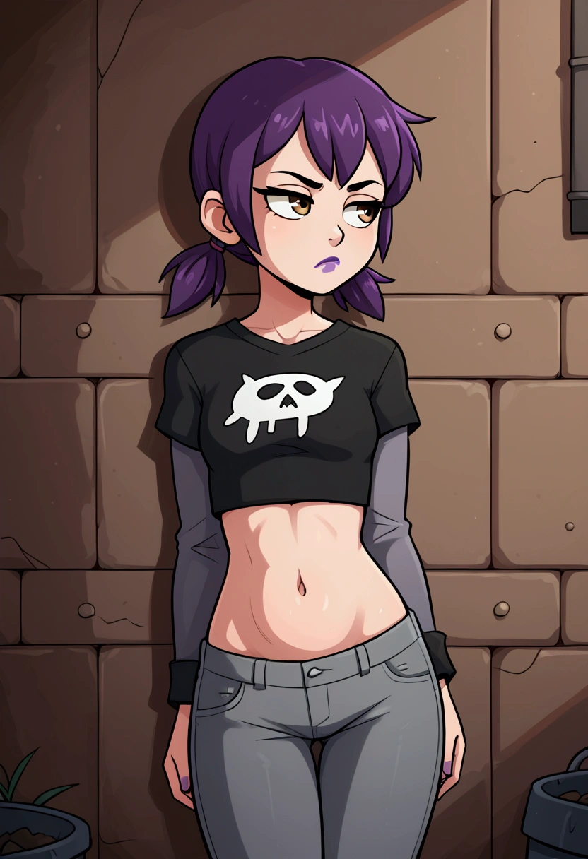 1girl, purple hair, short twintails, gray jeans, taut black t-shirt, long gray sleeves, crop top, midriff, belly, navel, purple lipstick, frown, resting against wall, alley