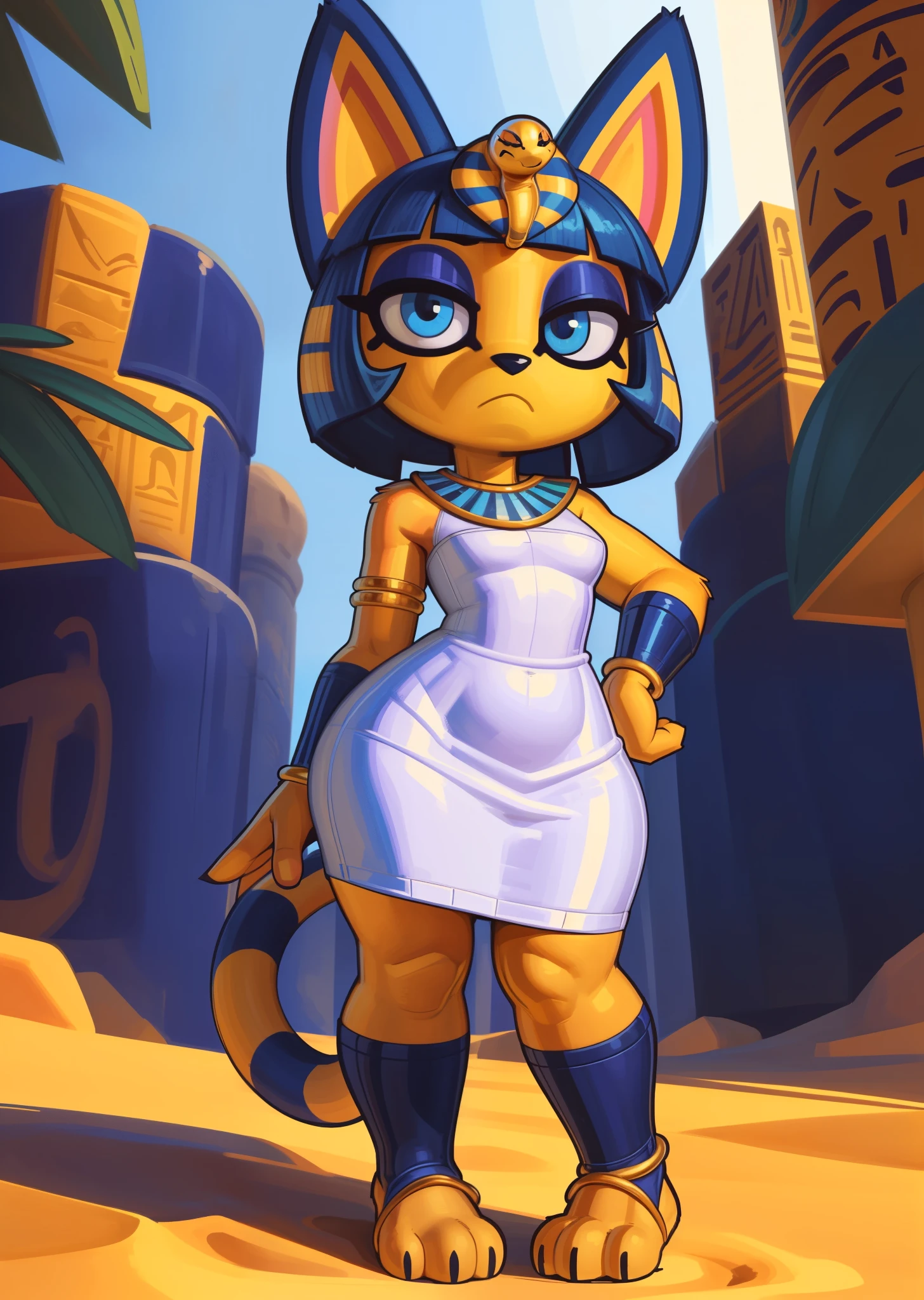 ((ankha)), ((Animal Crossing)), ((Pixelsketcher)), ((wamudraws)), ((masterpiece)), ((HD)), ((high resolution)), ((cartoon style)), ((solo portrait)), ((full body)), ((feet visible)), ((detailed fur)), ((detailed shading)), {(slim figure), (toned body), (yellow fur), (black nose), (cute blue eyes), (indigo eyeshadow), (egyptian eye makeup), (cat ears), (long striped tail), (curvy hips), (beautiful legs), (cute feet), (frown)}, {(short white dress), (snake ornament headwear), (blue bracers), (gold anklets), (blue stirrup socks)}, {(standing), (looking at viewer)}, ((desert oasis))