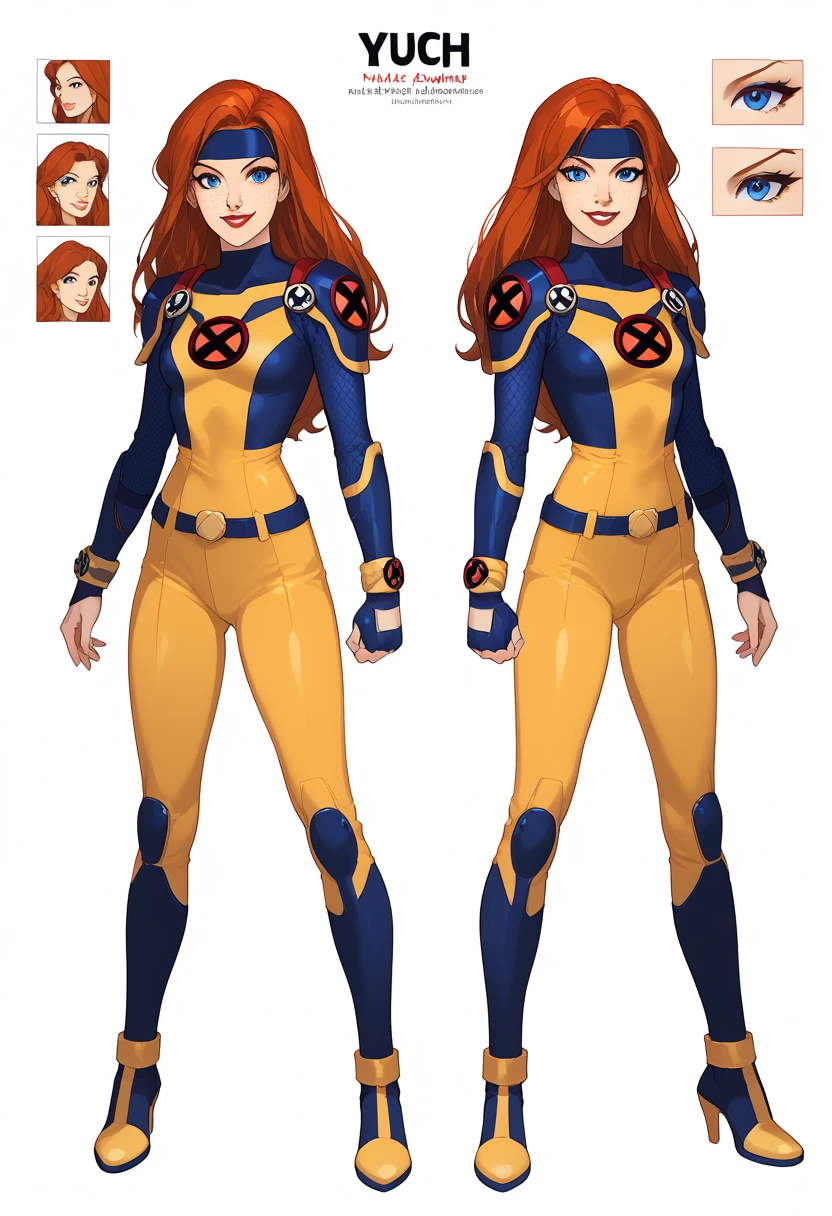 ((full body shot)) Rogue - Marvel , ((character design sheet)), masterpiece, best quality, highly detailed, score_9, score_8_up, score_7_up, score_6_up, anime font,BREAK , 2girl, long hair, blue eyes, flower, hair bow, small breasts, bow, looking at viewer, freckles, parted lips, smile, full body, red lips, lips, side front, she looks at you, your gauze hurts, fishnets, white background, neutral cast, dance pose, shoulder pads

