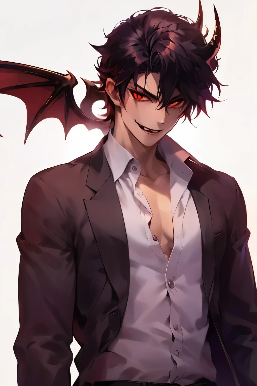 seductive vampire, 1boy, one male, adult vampire male, attractive, demon, evil character, seductive, button up shirt, Looking at viewer, Simple background, Red Eyes, Teeth, Fang, 