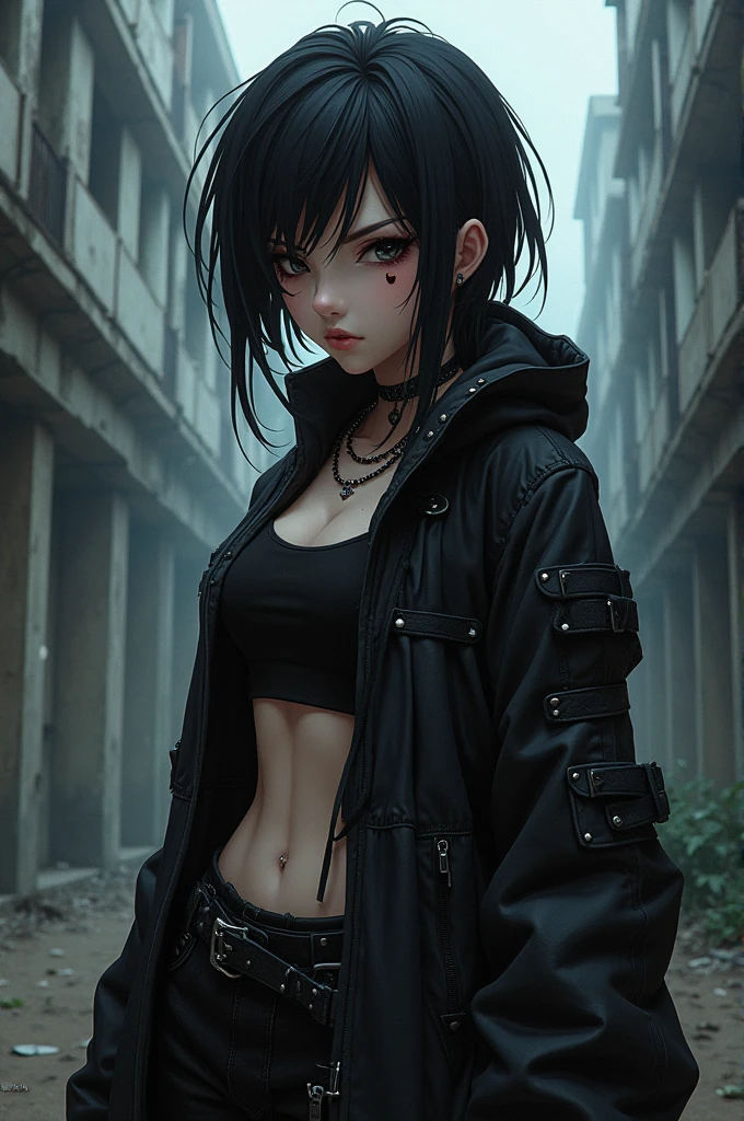 In this high-quality, black-and-white photograph, the subject is an unsettling scene of a gothic girl in tattered fishnet clothing. The girl, with her pale complexion, dark eyes, and wild, tangled hair, appears to be screaming frantically as she stands amidst a destroyed and wrecked cityscape. Her clothing, though partially see-through due to the shredded fabric, is intricately detailed, revealing fishnet patterns that suggest vulnerability while also hinting at hidden strength. The backdrop of the photograph consists of crumbling buildings and rubble, with smoke rising from various points in the distance. Fog permeates the air around her, adding an eerie atmosphere to the scene. The image captures the tension and fear present in both the girl's expression and the chaotic environment she is immersed in, creating a powerful and unsettling visual narrative that demands attention.