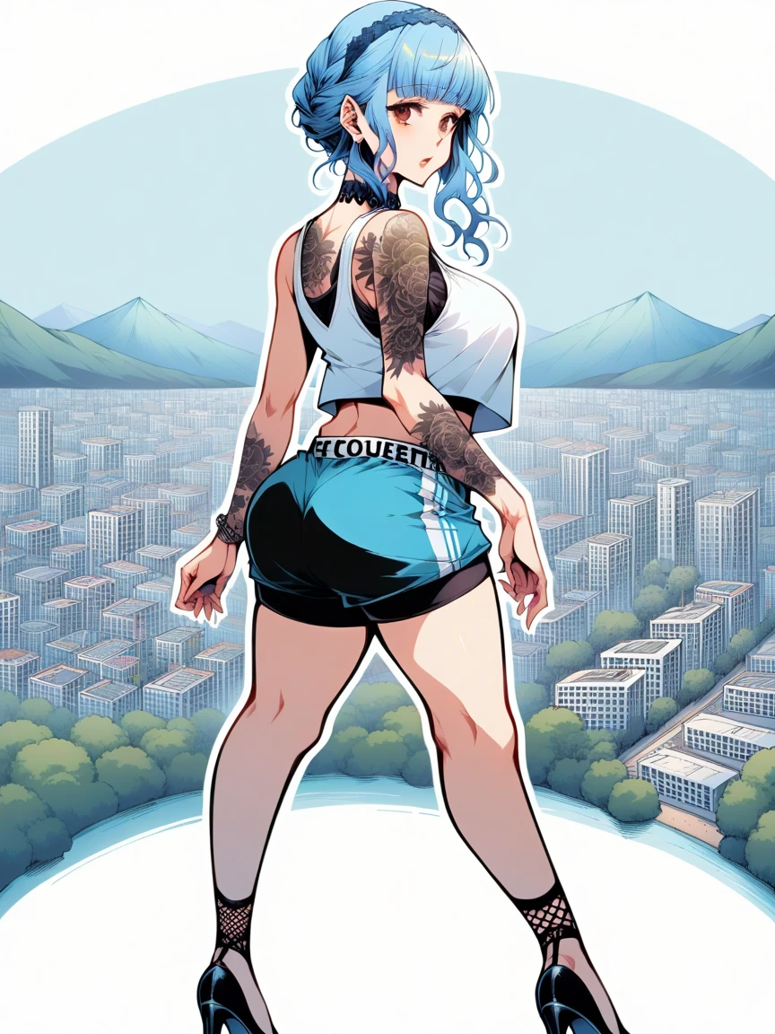 t4ts, tattoos, tattoo, 1girl, Marianne von Edmund, blue hair, tank top, booty shorts, high heels, brown eyes, standing, city background, crop top, large breasts, 