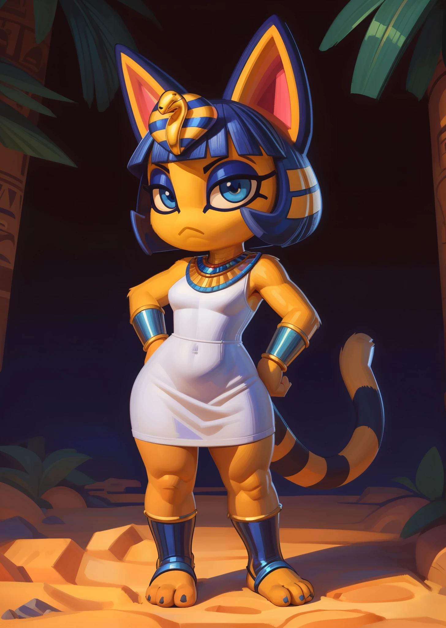 ((ankha)), ((Animal Crossing)), ((Pixelsketcher)), ((wamudraws)), ((masterpiece)), ((HD)), ((high resolution)), ((cartoon style)), ((solo portrait)), ((full body)), ((feet visible)), ((detailed fur)), ((detailed shading)), {(slim figure), (toned body), (yellow fur), (black nose), (cute blue eyes), (indigo eyeshadow), (egyptian eye makeup), (cat ears), (long striped tail), (curvy hips), (beautiful legs), (cute feet), (frown)}, {(short white dress), (snake ornament headwear), (blue bracers), (gold anklets), (blue stirrup socks)}, {(standing), (looking at viewer)}, ((desert oasis))