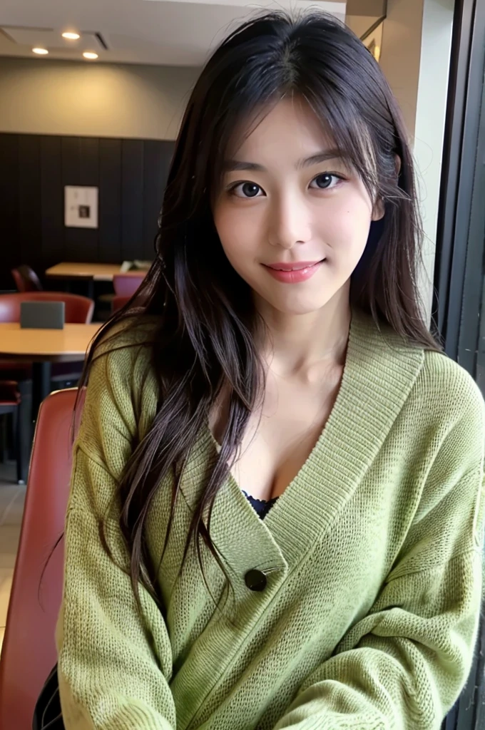 (masterpiece, best quality, perfect anatomy, highres, 8k, realistic, photorealistic, natural skin texture, no makeup:1.2), 1girl, solo, Japanese, age20, female university student, very cute, parted lips, (large breasts:1.2), cleavage, (perfect figure1.2). winter clothes, winter, at the restaurant, (omelet:1.5), natural lighting, portrait, nekogao