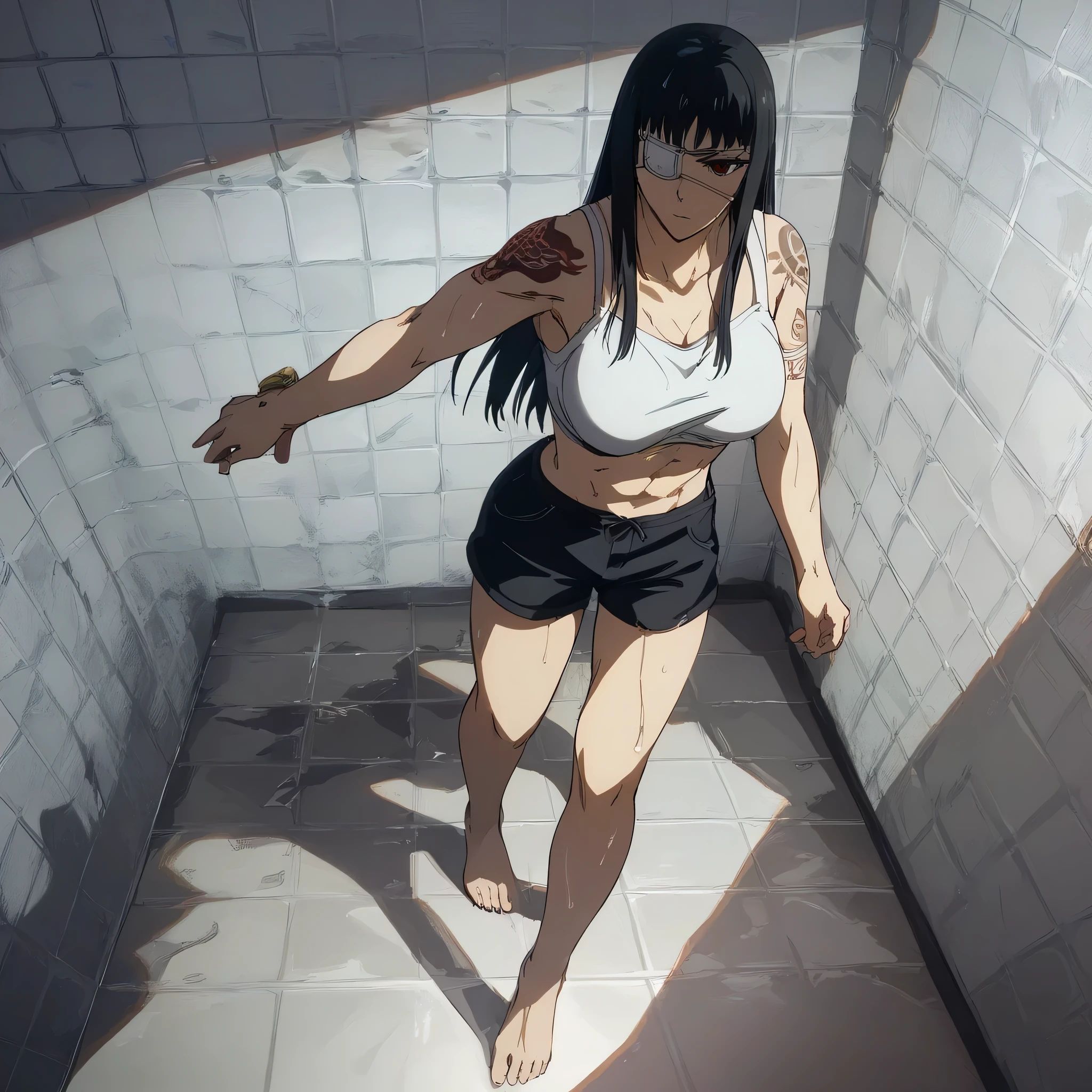 score_9, score_8_up, score_7_up,score_6_up,high resolution,source_anime,s0fiavalm3t,1girl,eyepatch,black hair,long hair,,dramatic shadow,full body,pov,suspended in air, tattoos on shoulder,wearing sport bra,black  Elastic fibers sport shorts,Barefoot,in bathroom,wet body and clothes,Valmet 183cm tall,standing,beautiful full body,have wife with her,her wife short tall,her wife irisviel,Irisviel from Fate zero anime,irisviel wearing white dress,irisviel white long hair,irisviel red eyes,irisviel between valmet arms,irisviel soft and cute body,girl×girl,lesbians,yuri