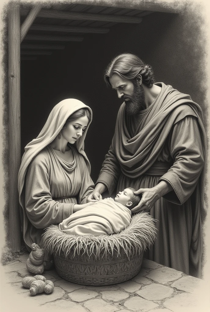 Very old Abraham and Sara holding a new born baby. line drawing style