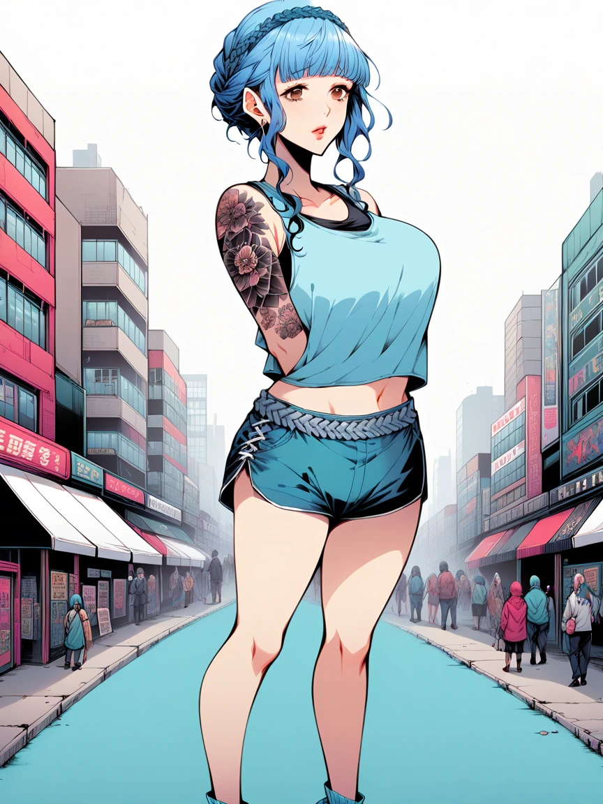 tattoos, tattoo, 1girl, Marianne von Edmund, blue hair, tank top, booty shorts, high heels, brown eyes, standing, city background, crop top, large breasts, 