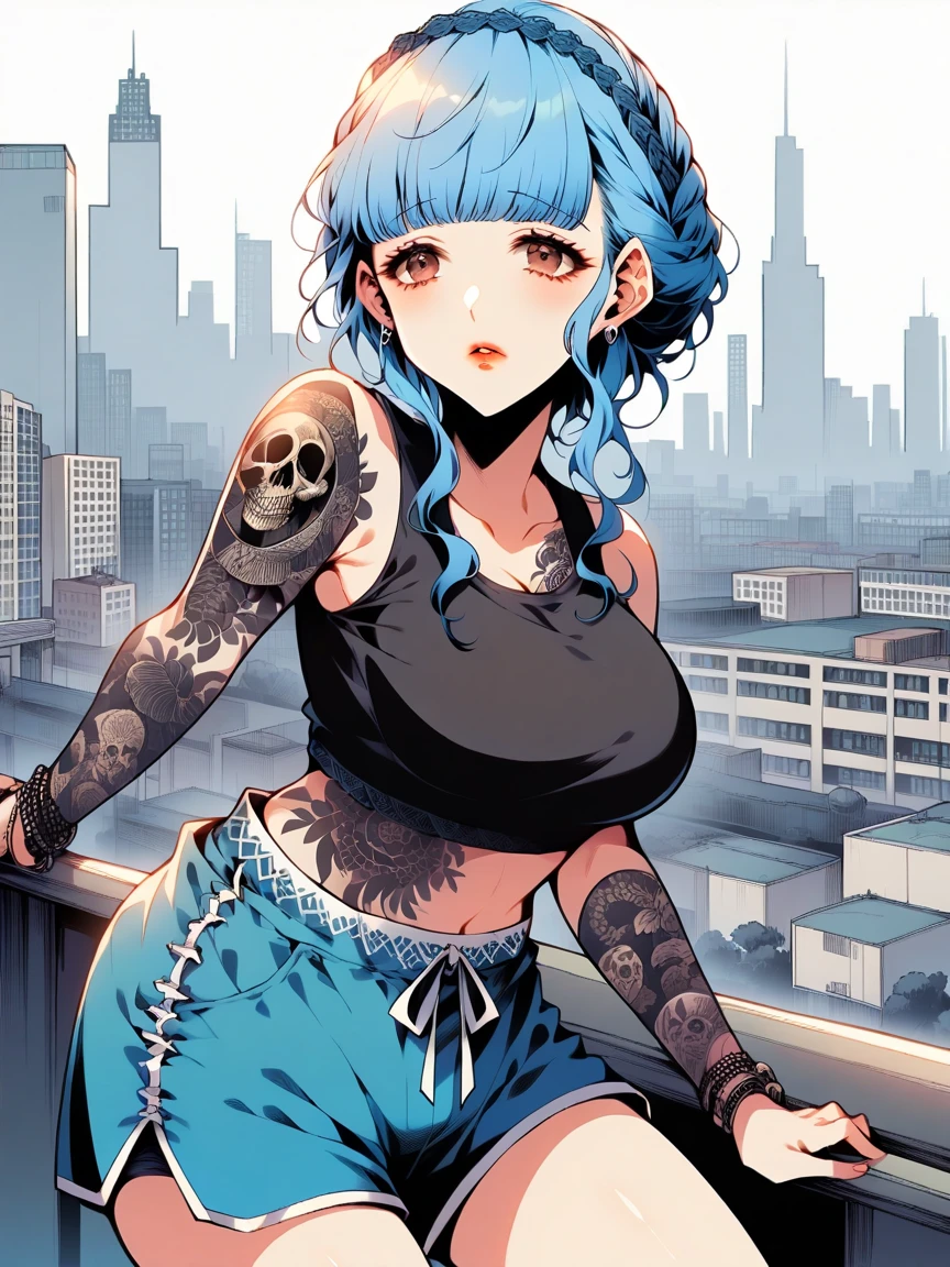 tattoos, tattoo, 1girl, Marianne von Edmund, blue hair, tank top, booty shorts, high heels, brown eyes, standing, city background, crop top, large breasts, 