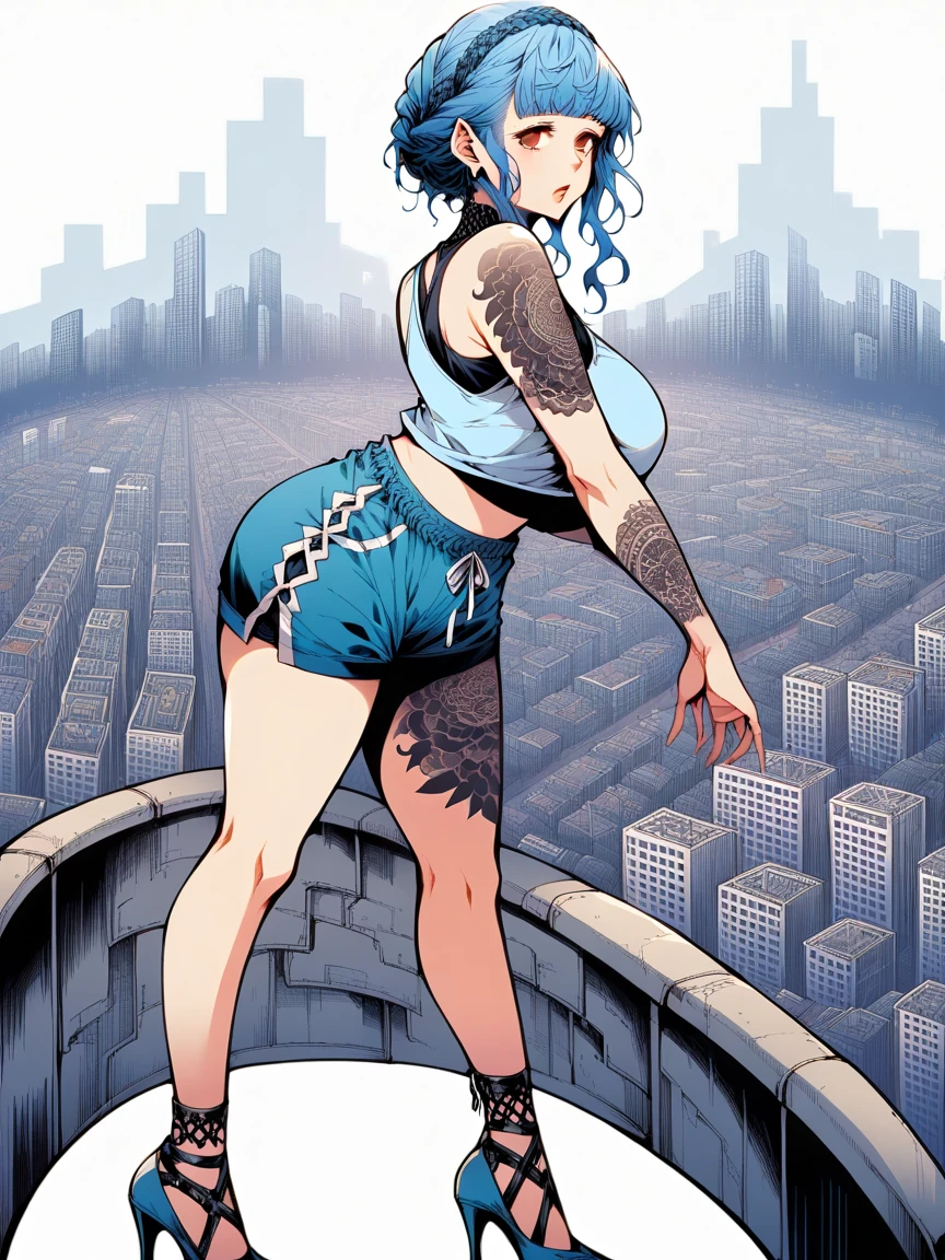 tattoos, tattoo, 1girl, Marianne von Edmund, blue hair, tank top, booty shorts, high heels, brown eyes, standing, city background, crop top, large breasts, 