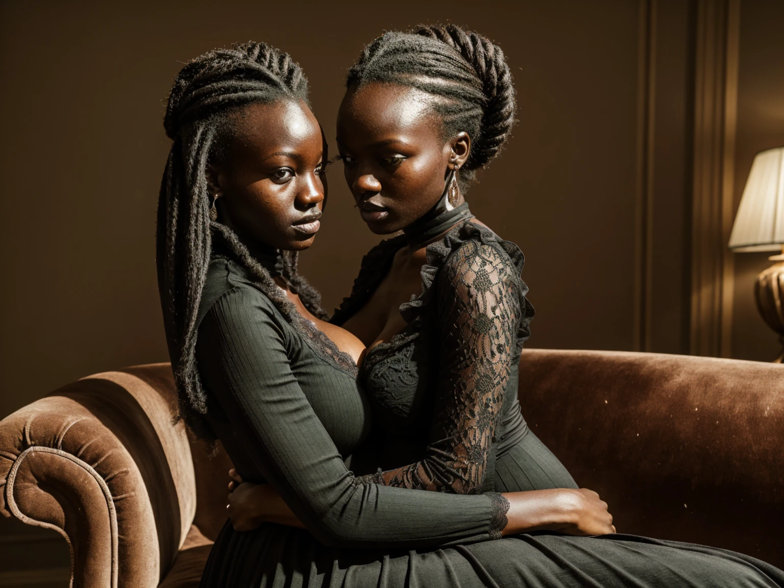 a detailed portrait of two beautiful teenies girls with dark skin, ajak deng, bun hairstyle, a detailed portrait of two beautiful african hautains girls with dark skin, Very arched, hugging behind at sofa baroque, ajak deng, veil, glossy makeup, wearing green victorian dress, Long sleeves Round neck ,victorian lace dress maxi (((tight))) col haut,(Huge breasts:1.1), extremely detailed 8k wallpaper) ,soft lighting, high quality, film grain, Fujifilm XT3 sharp focus, f 5.6, 24mm, High Detail, Sharp focus,(natural light), crazy details, complex details, hyperdetailed, seen from far, holding a bouquet of flowers