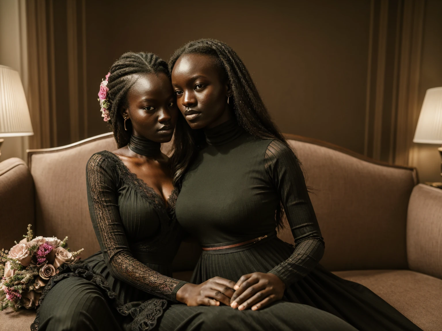 a detailed portrait of two beautiful  girls with dark skin, ajak deng, bun hairstyle, a detailed portrait of two beautiful african hautains girls with dark skin, Very arched, hugging behind at sofa baroque, ajak deng, veil, glossy makeup, wearing green victorian dress, Long sleeves Round neck ,victorian lace dress maxi (((tight))) col haut,(Huge breasts:1.1), extremely detailed 8k wallpaper) ,soft lighting, high quality, film grain, Fujifilm XT3 sharp focus, f 5.6, 24mm, High Detail, Sharp focus,(natural light), crazy details, complex details, hyperdetailed, seen from far, holding a bouquet of flowers