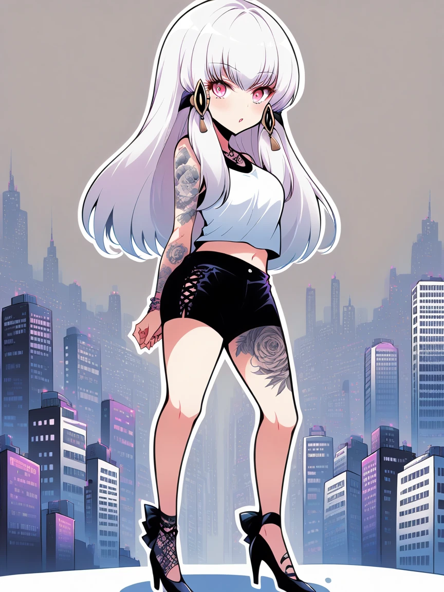 t4ts, tattoos, tattoo, 1girl, Lysithea von ordelia, white hair, tank top, booty shorts, high heels, pink eyes, standing, city background, crop top, large breasts, 