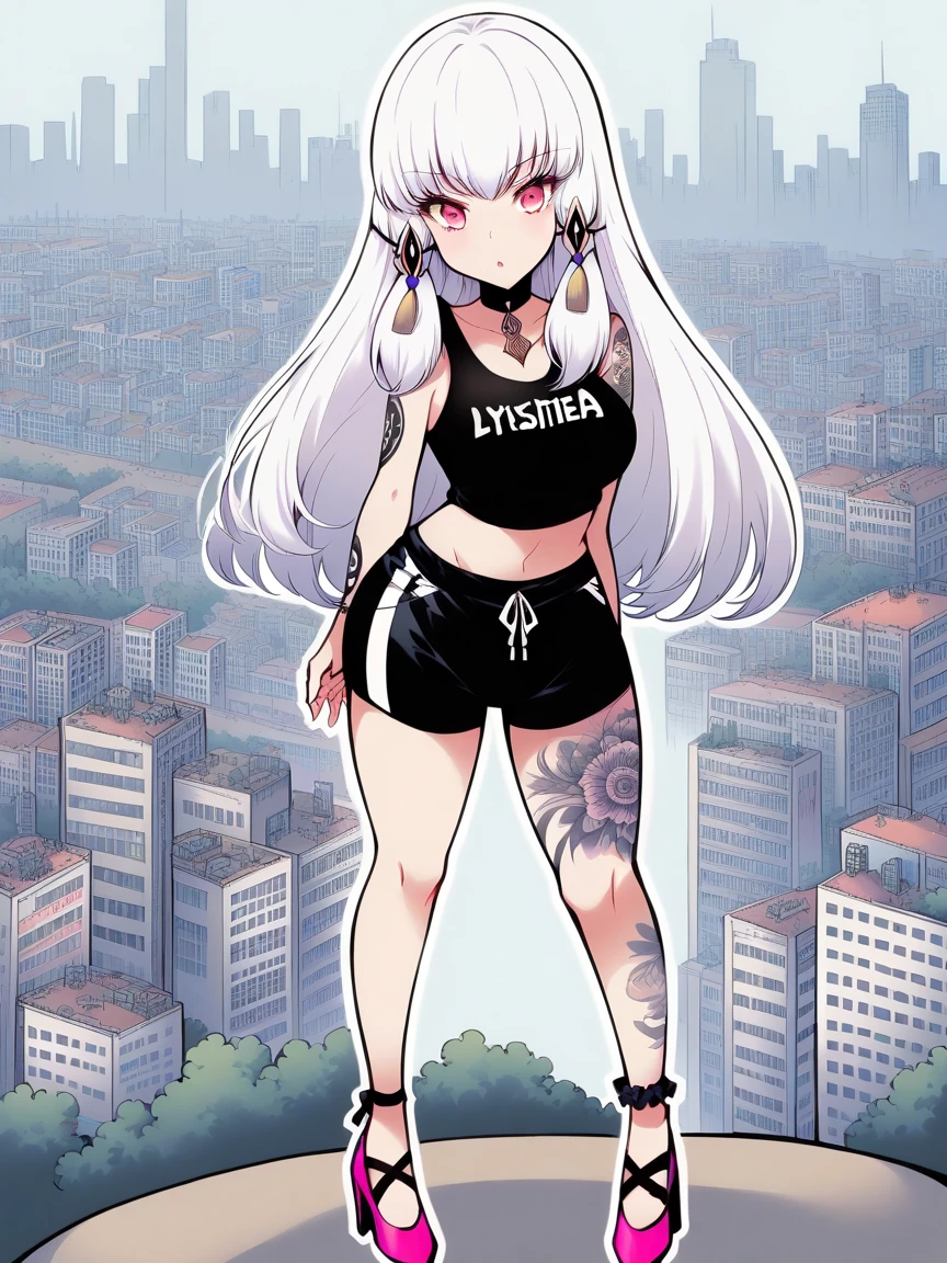 t4ts, tattoos, tattoo, 1girl, Lysithea von ordelia, white hair, tank top, booty shorts, high heels, pink eyes, standing, city background, crop top, large breasts, 