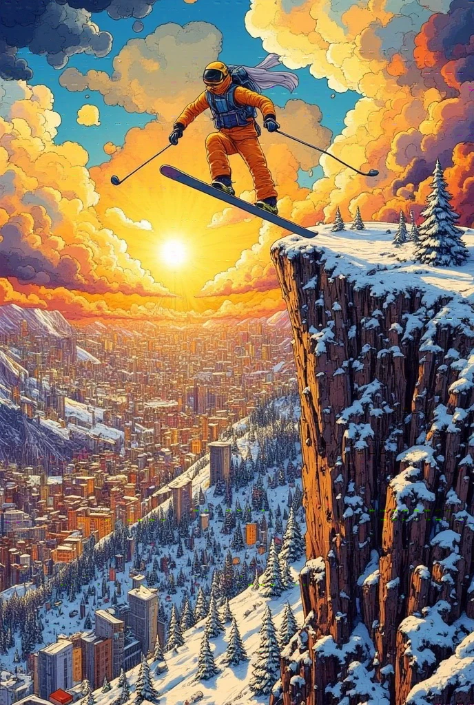 A professional skier, silhouetted against the golden hues of a setting sun, launches off a cliffside during a breathtaking downhill run. Suspended in mid-air, the skier’s form is a perfect blend of control and daring. Below, the snow glistens like diamonds, and the expansive valley stretches out in the distance, encapsulating the thrill and beauty of high-altitude skiing
