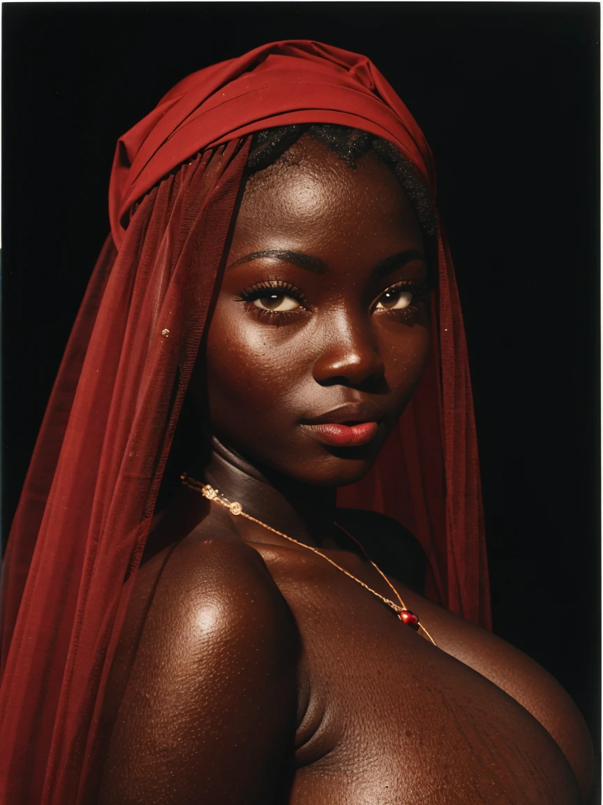 1girl, 1girl, beautiful detailed eyes, beautiful detailed lips, extremely detailed eyes and face, long eyelashes, dark skin, beautiful teenage girl, (Huge breasts:1.2), wide hips, tigh gap, polaroid portrait, veil, youthful features, ajak deng,((tenue de père Noël rouge très détaillée, (cuir rouge sexy : 1.0 ))), debout à côté du sapin de Noël, face à la caméra (best quality,4k,8k,highres,masterpiece:1.2),ultra-detailed,(realistic,photorealistic,photo-realistic:1.37),studio lighting, vivid colors, portrait