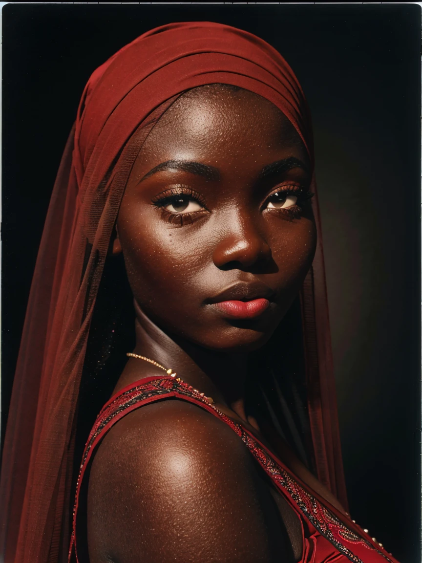 1girl, 1girl, beautiful detailed eyes, beautiful detailed lips, extremely detailed eyes and face, long eyelashes, dark skin, beautiful teenage girl, (Huge breasts:1.2), wide hips, tigh gap, polaroid portrait, veil, youthful features, ajak deng,((tenue de père Noël rouge très détaillée, (cuir rouge sexy : 1.0 ))), debout à côté du sapin de Noël, face à la caméra (best quality,4k,8k,highres,masterpiece:1.2),ultra-detailed,(realistic,photorealistic,photo-realistic:1.37),studio lighting, vivid colors, portrait