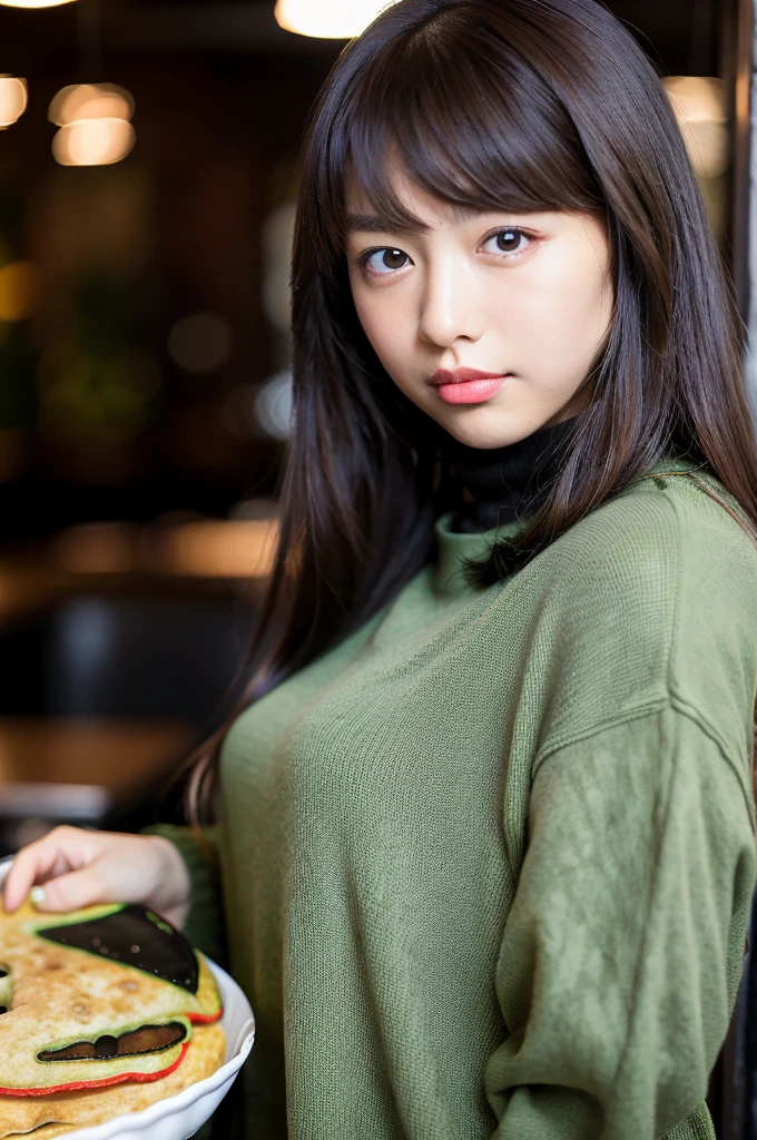 (masterpiece, best quality, perfect anatomy, highres, 8k, realistic, photorealistic, natural skin texture, no makeup:1.2), 1girl, solo, Japanese, age20, female university student, very cute, parted lips, (large breasts:1.2), (perfect figure1.2). winter clothes, winter, at the restaurant, (omelet:1.5), natural lighting, portrait, nekogao