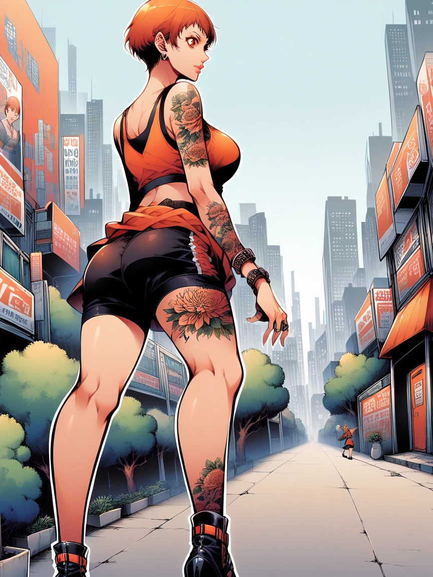 tattoos, tattoo, 1girl, Leonie pinelli, orange hair, tank top, booty shorts, high heels, orange eyes, standing, city background, crop top, large breasts, 