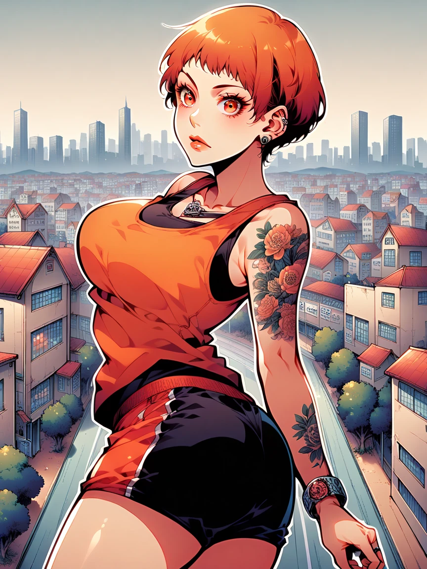 tattoos, tattoo, 1girl, Leonie pinelli, orange hair, tank top, booty shorts, high heels, orange eyes, standing, city background, crop top, large breasts, 