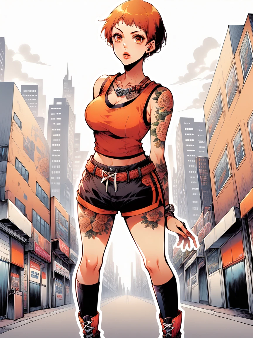 tattoos, tattoo, 1girl, Leonie pinelli, orange hair, tank top, booty shorts, high heels, orange eyes, standing, city background, crop top, large breasts, 