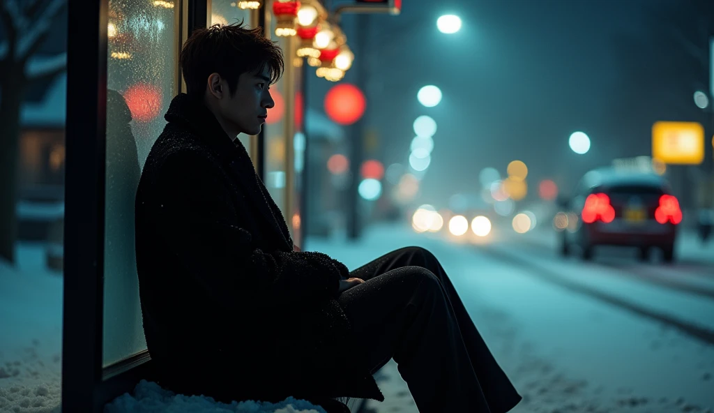 {{{{ backlit}}}}, {{ shows the whole body}}, {{{ Man Silhouette }}},  Beautiful Single Facing Japanese Man, Narrow Face, balanced , Beautiful Nose, Beautiful mouth,  beautiful eyes , Beautiful Eyebrows,  sitting supine position , bus stop, Snowy Night, masterpiece, top quality、 super high resolution , RAW photos ,  very nice 、 depth of field rally background、Lonely,  side angle ,　Snow is piled up on clothes,  Christmas Night,  Christmas illuminations ,　Left side, 