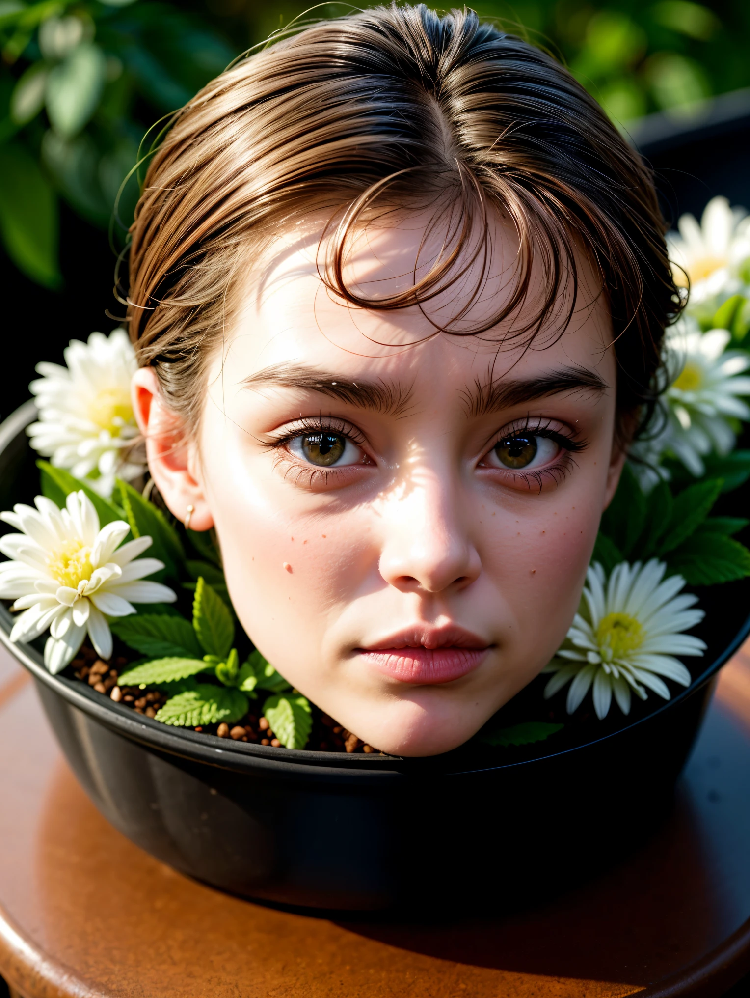 The high resolution photograph of a human head, (realistic, photo-realistic:1.37), (masterpiece, best quality), 8k, RAW photo, absurdres, intricate details, sharp focus, cinematic lighting, side lighting, best shadow, (disembodied head in a low flower pot:1.5), (a young Hollywood actress, Audrey Hepburn), (very complex:1.2), wearing makeup, pale skin, fine-textured skin, indoors,