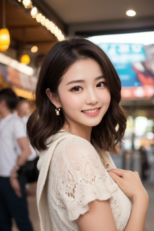 RAW Photos, looking at the camera, ((Highest quality, 8k, masterpiece: 1.3)), Sharp focus: 1.2, White shirt, Beautiful Features, The best smile, Cute Smile, Beautiful woman with perfect style: 1.4, Slim Abs: 1.2, Dark brown hair, (Natural light, City Street: 1.1), Highly detailed face and skin texture, Detailed eyes, double eyelid