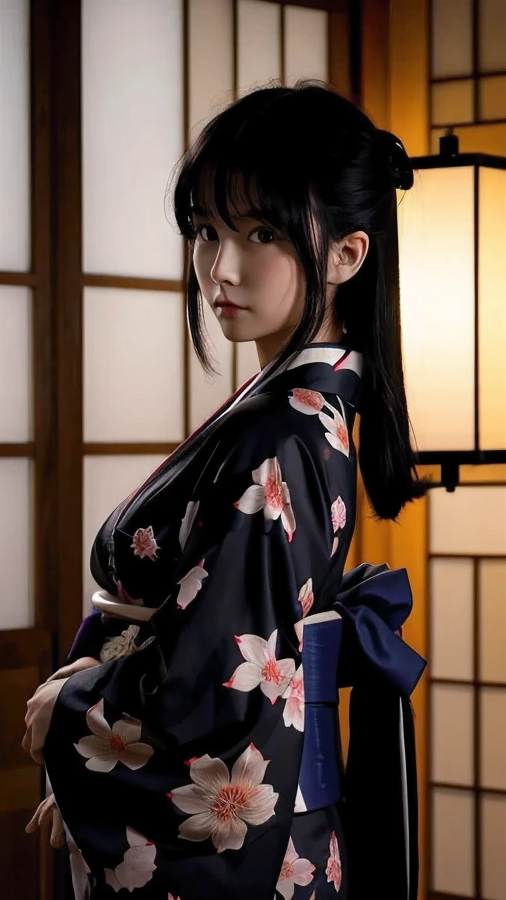  kimono、 grumpy expression、Japan、clear、 real、Japanese-style room、 backlit、 small tits、 female in her 20s、dusk、 black hair、Sexy、Change to a pale kimono、 bright lighting effect、 Zoom Up 、Lower your gaze