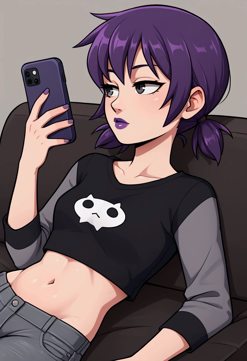 1girl, purple hair, short twintails, gray jeans, taut black t-shirt, long gray sleeves, crop top, midriff, belly, purple lipstick, laying, on stomach, holding phone