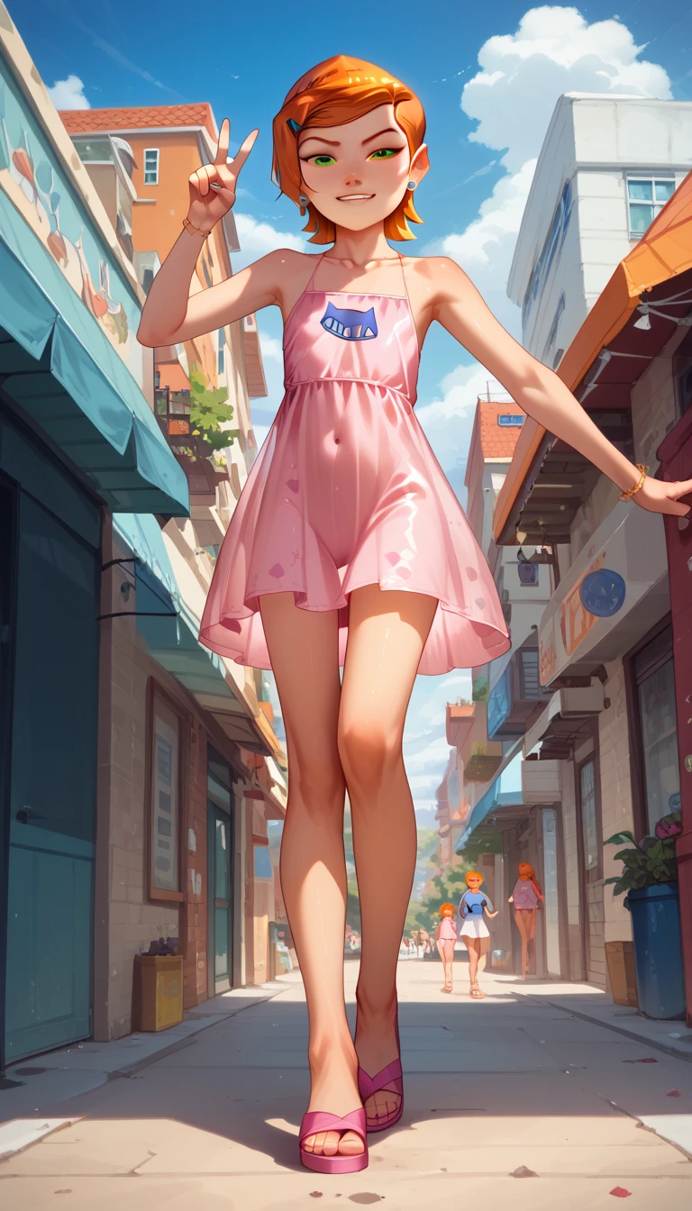 ***** girl, gwen tennyson (/Ben10)/,(ultra HD quality details), bright orange hair, short hair, (green eyes), flat chested, white and pink transparent dress, ,  pink sandals , stands on the sidewalk at the beach,  low angle shot, hands raised, v, v