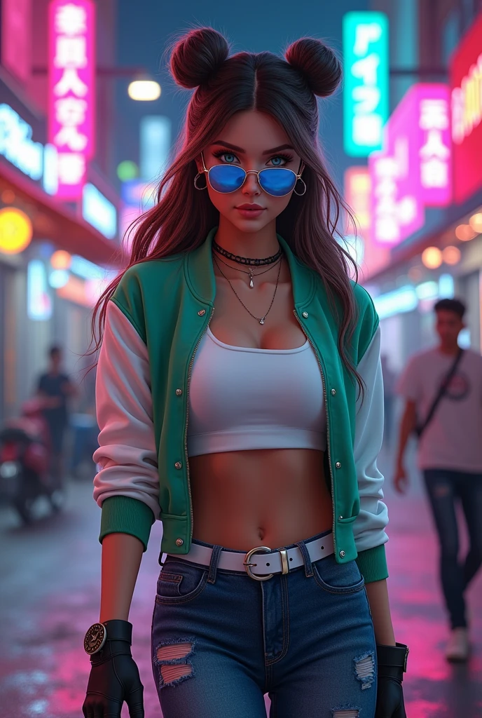 Beautiful smiling woman with wavy light brown hair, delicate and charming green eyes, thigh notch, sexy long legs hourglass body , t-shirt in small shorts, beautiful futuristic cyberpunk + city, mist, damp, rain, best quality masterpiece, realistic, detailed, 8k, HDR, shallow depth of field, wide light, high contrast, backlight, flood, flash, chromatic aberration, sharp focus, RAW color photo