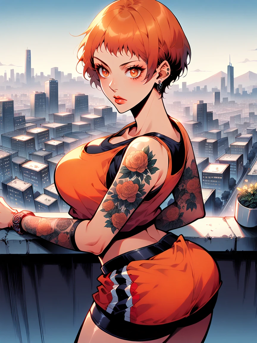 tattoos, tattoo, 1girl, Leonie pinelli, orange hair, tank top, booty shorts, high heels, orange eyes, standing, city background, crop top, large breasts, 