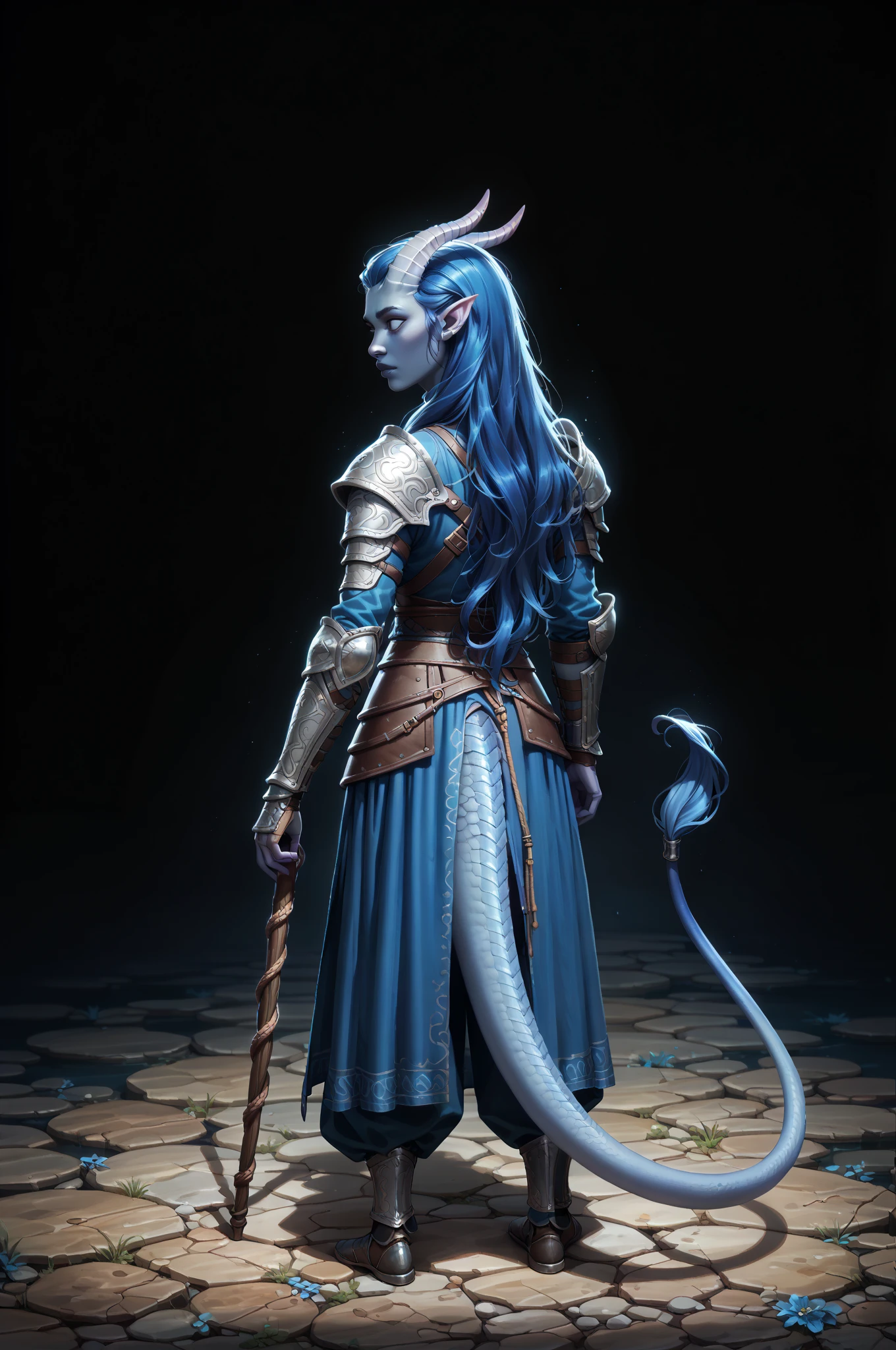 ( A sprawling cedar is growing ), standing nearby at full height on land (1Тiefling ,  dark blue-gray skin :1.4), ((((very thick long tiefling dragon tail)))), ((long dark blue flowing hair)) ,  ((The pigmentation on the face ))) , ((bright blue-grey pupils,  Black eyes )), ((skin pigmentation)),  girl  , (kind face), (face visible), (curiosity ), ( openness in view ), (small lips), ( curious eyes ), (30 years old), chainmail, gray-black armor ,  (( Protection on a thick long dragon blue tail)), (pants), (( dynamic posture looks back from behind.  stands half a turn )) , ( dark grey straight short horns),  ( a wooden magic staff with a blue crystal in his hand), (  top quality ,  masterpiece fails,   in the highest detail ) ,  fantasy background. blue tones, Dark tones.  Clear water, scale,  Dark colors , dark shades,  muted colors. (( view from above )).