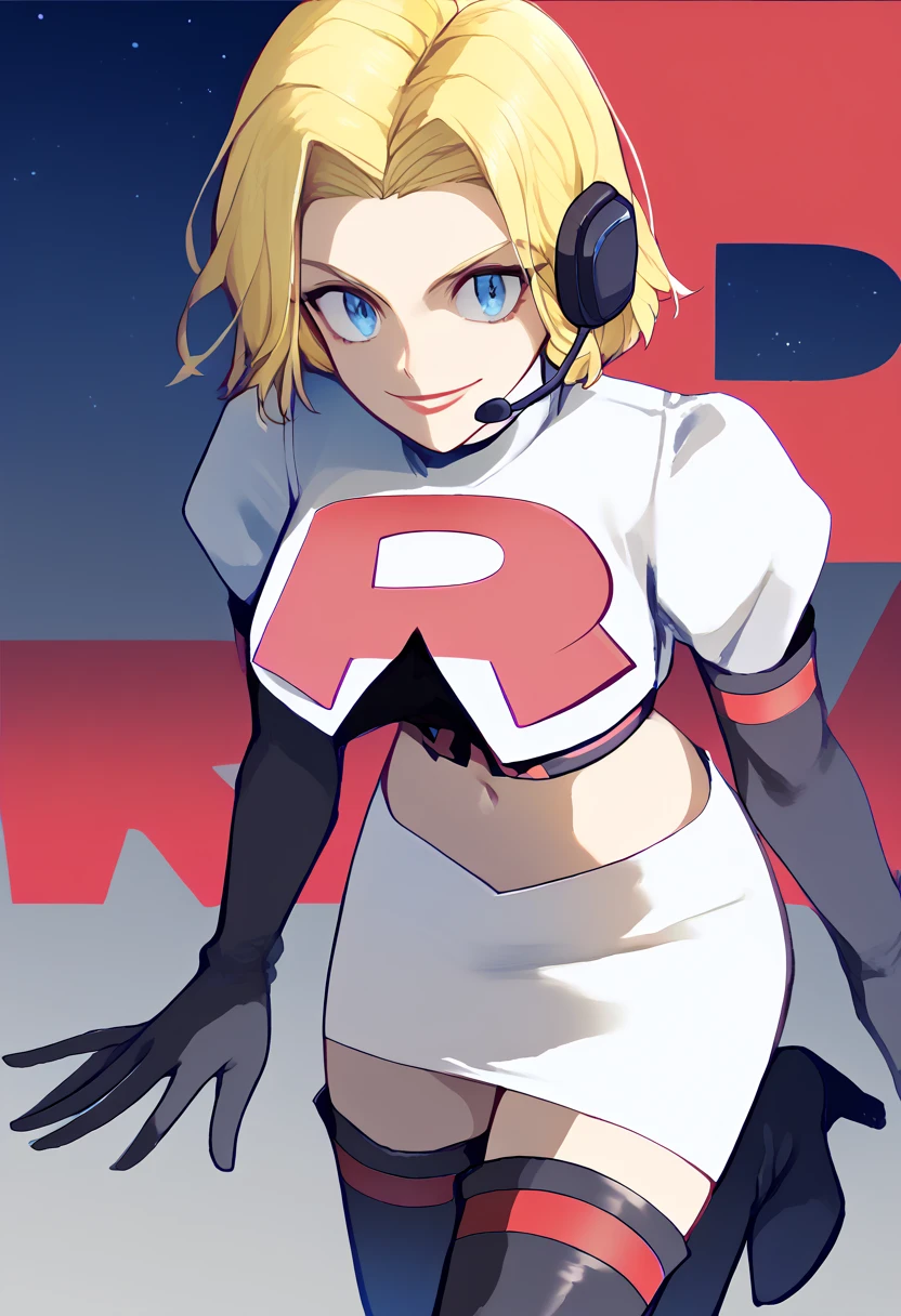 Team rocket, team rocket uniform, red letter R, white skirt,white crop top,black thigh-high boots, black elbow gloves, evil smile, night sky background, headset, large breasts, high-heeled boots, Dimitri Alexandre Blaiddyd, blonde hair, blue eyes, genderbend