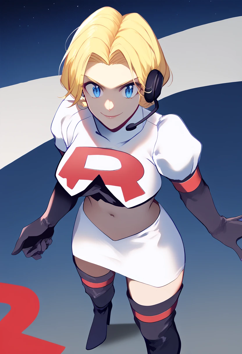 Team rocket, team rocket uniform, red letter R, white skirt,white crop top,black thigh-high boots, black elbow gloves, evil smile, night sky background, headset, large breasts, high-heeled boots, Dimitri Alexandre Blaiddyd, blonde hair, blue eyes, genderbend