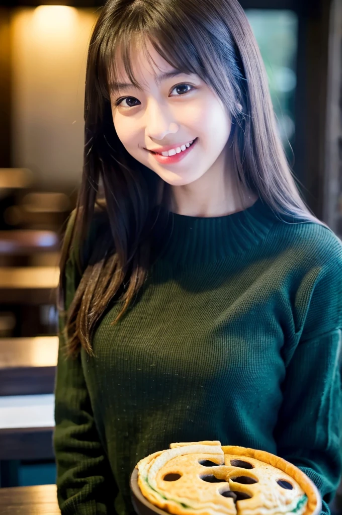 (masterpiece, best quality, perfect anatomy, highres, 8k, realistic, photorealistic, natural skin texture, no makeup:1.2), 1girl, solo, Japanese, age20, female university student, very cute, shy smile, (large breasts:1.2), (perfect figure1.2). winter clothes, winter, at the restaurant, (omelet:1.5), natural lighting, portrait, nekogao