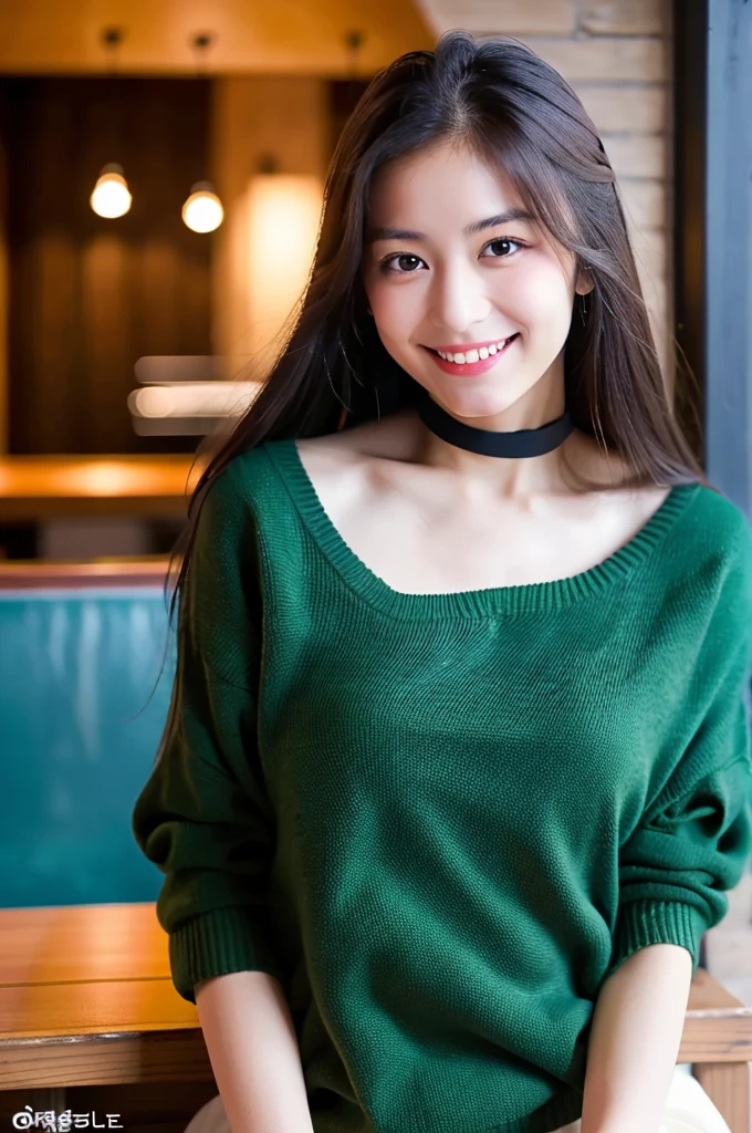 (masterpiece, best quality, perfect anatomy, highres, 8k, realistic, photorealistic, natural skin texture, no makeup:1.2), 1girl, solo, Japanese, age20, female university student, very cute, shy smile, (large breasts:1.2), (perfect figure1.2). winter clothes, winter, at the restaurant, (omelet:1.5), natural lighting, portrait, nekogao