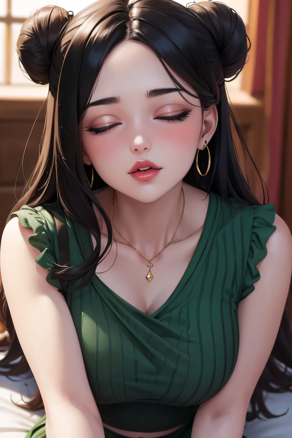 (Night:1.7), Modern apartment, high rise, CityView, Before Window,
Standing at attention,Hands Down,
Green shirt,long sleeves, cleavage, collarbone,
Glasses,brown hair,purple eyes,braid,single braid,yellow hair ornament,
1 girl, 20yo,Young female,Beautiful Finger,Beautiful long legs,Beautiful body,
Beautiful Nose,Beautiful character design, perfect eyes, perfect face,expressive eyes,
looking at viewer, in the center of the image,(Upper_body),(Focus on her face),
official art,extremely detailed CG unity 8k wallpaper, perfect lighting,Colorful, Bright_Front_face_Lighting,shiny skin,
(masterpiece:1.0),(best_quality:1.0), ultra high res,4K,ultra-detailed,
photography, 8K, HDR, highres, absurdres:1.2, Kodak portra 400, film grain, blurry background, bokeh:1.2, lens flare, (vibrant_color:1.2)
(Beautiful,large_Breasts:1.4), (beautiful_face:1.5),(narrow_waist),