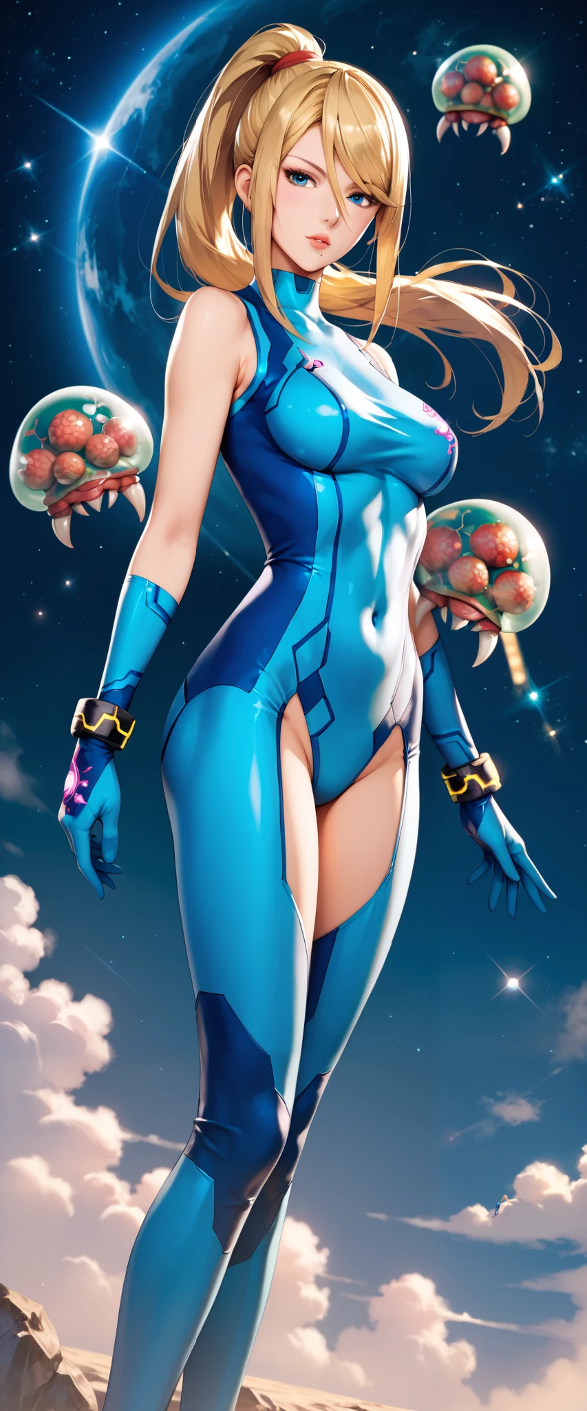 sfw, anime style, extremely detailed CG, high resolution, best quality, masterpiece, single woman, Samus (Metroid), blue eyes, (beautiful detailed eyes: 1.4), blonde hair, hair tied back, blue monosuit, slim waist, long legs, natural pose, space