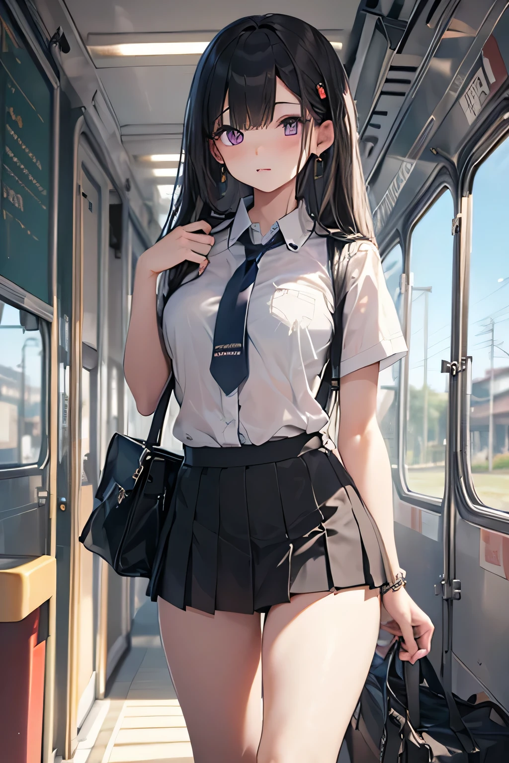  Masterpiece ,  top quality,  amazing quality ,  very aesthetic,  absurd, up to date, scenery, Volumetric Light,  depth of field, shiny skin,  1 girl,  skirt , chest,  1 boy, bag, ,  black hair, large chest,  long hair,  shirt,  school uniform  , Button Gap ,  train interior, Thighs,  purple eyes, white  shirt, Boob Tent,  Masterpiece ,  top quality,  amazing quality ,  very aesthetic,  absurd, up to date, scenery