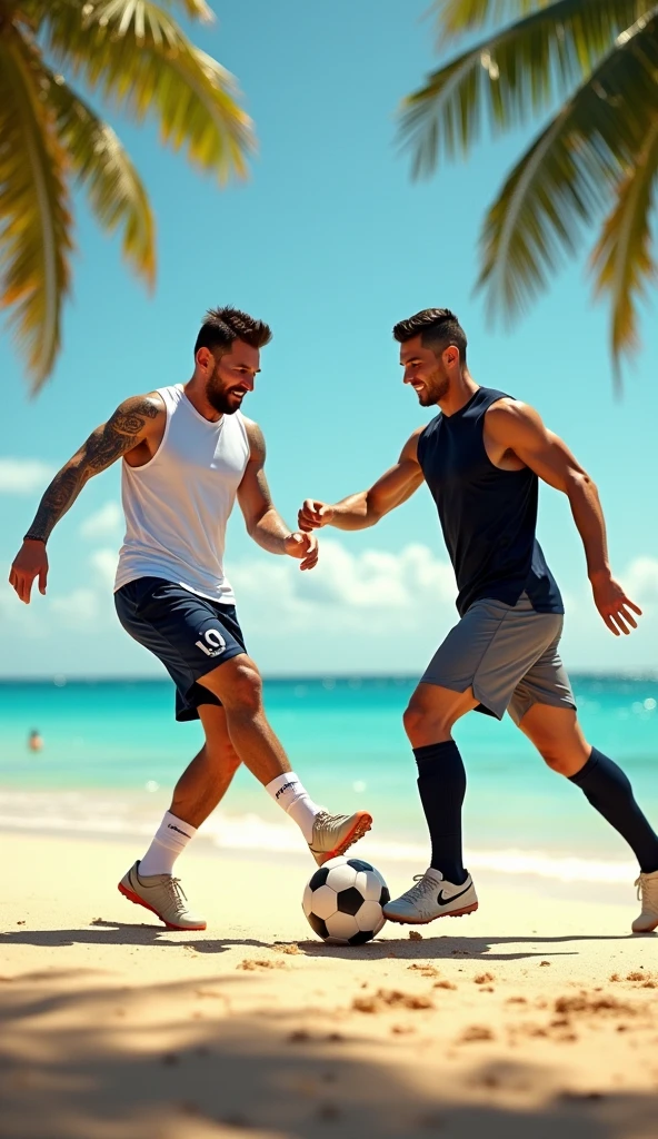 Generate image of messi ronaldo playing football with each other by wearing diapers