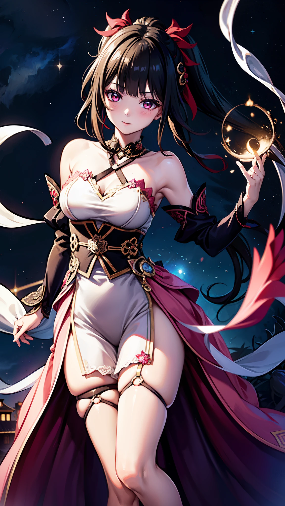   age girl  ，obsessed，   Have Fun   ，in love，(Big white spiral dress  )，sparkle， transparent clothes，Exquisite hair accessories， transparent lace ，night，Dress nicely， carved suspenders ，   slim beautiful face with double ponytail, Black Hair, Blushing,  seven-part lens, 