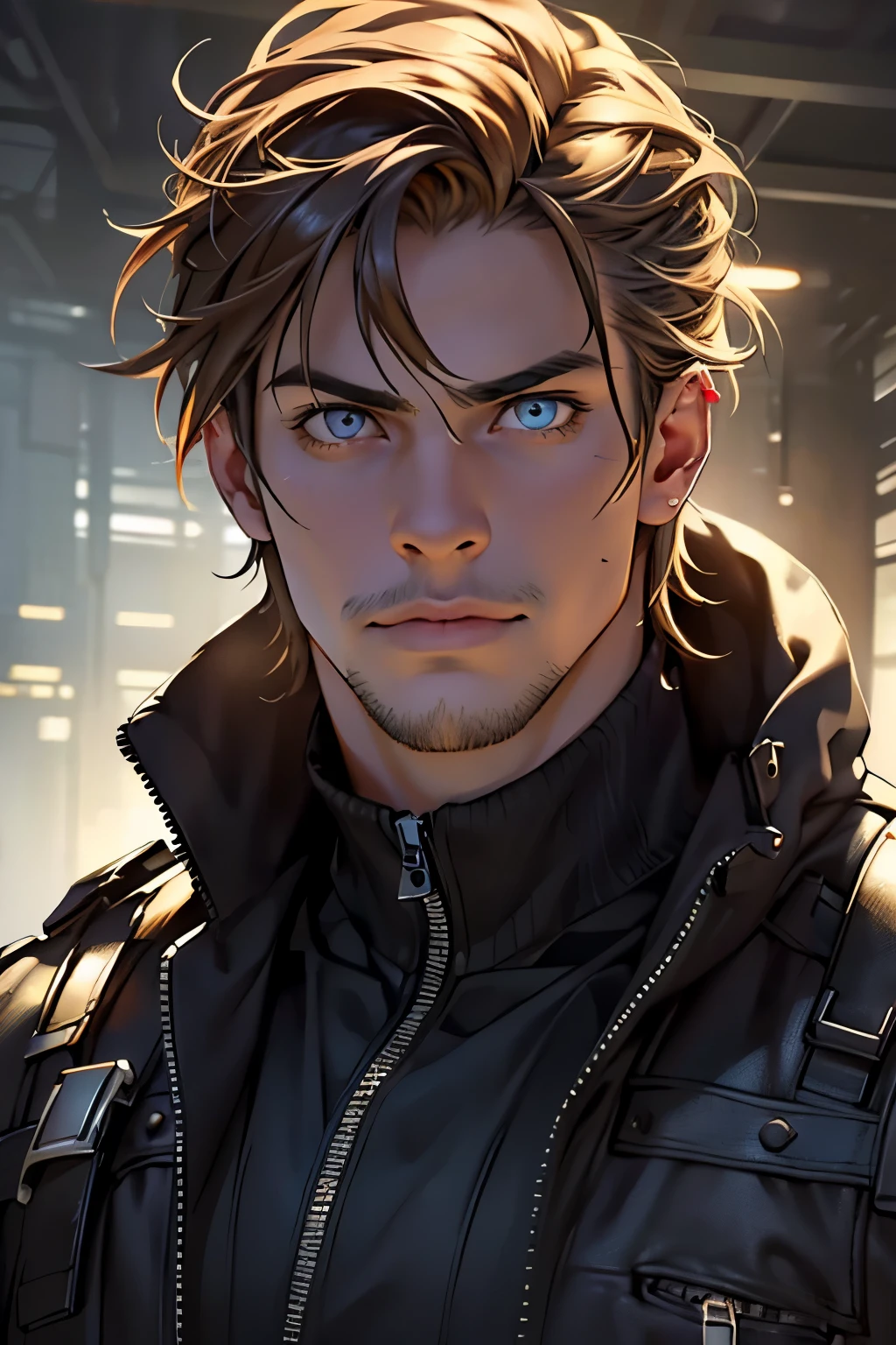 (Best Quality,4k,8k,high resolution,Masterpiece:1.2),ultra detailed,(realist,photorealist,photo-realist:1.37),1 man,31 years,mature man,muscular,square jaw,very handsome,without expresion,short gray black hair,hairstyle,Blue eyes,glare,perfect face without mistakes,imposing posture,collar jacket,leather jacket,dark background,cinematic lighting,imagen HDR