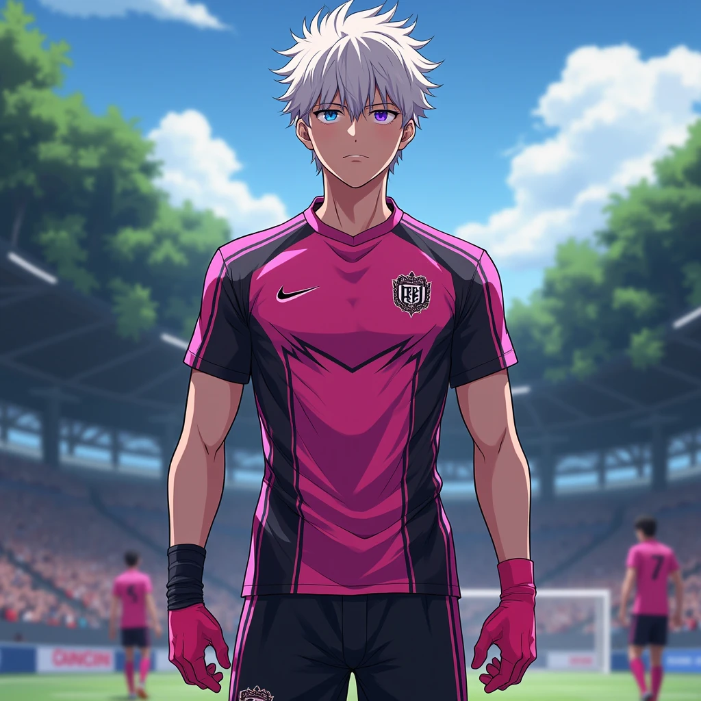 Nagi Seichirou, anime boy, teen, mature,  pink and black soccer uniform , light hair,  multicolored eyes , soccer camp, fullbody, dark shadow aura