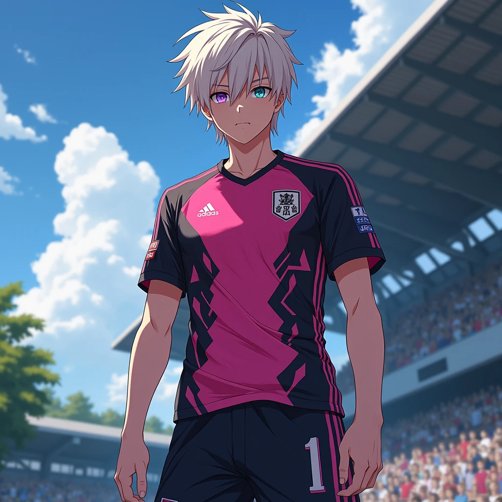 Nagi Seichirou, anime boy, teen, mature,  pink and black soccer uniform , light hair,  multicolored eyes , soccer camp, fullbody, dark shadow aura