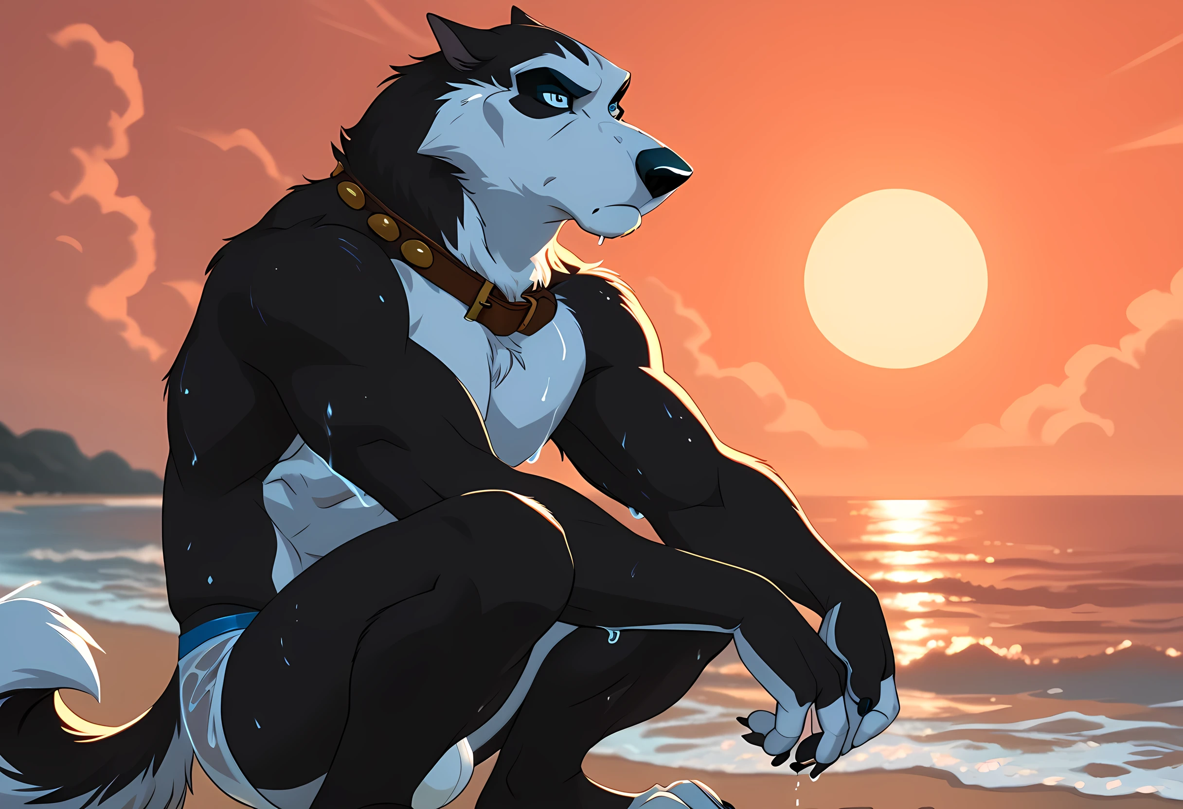 Steele, Alaskan Malamute, Collar, Blue Eyes, solo, detailed, detailed face, anthro, anthro body, male, adult, heavyweight, very muscular:1.5, (ocean background):1.1, sunset:1.2, red clouds, backlight, beautiful lighting, shirtless, wfa style, negger style, cel shaded:1.2, flat colors, confident pose, white speedos, stern face, (wet body, wet fur, shiny body, glistening body):1.1, crouching, full body