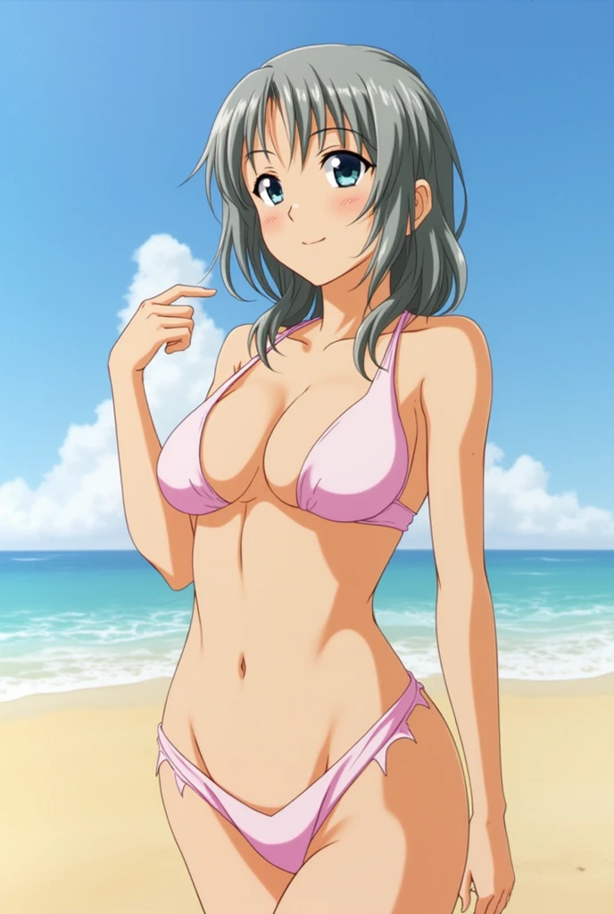 1girl,<lora:nozomi_xl_animagine_8dim:0.8>,kasaki nozomi,cowboy shot,outdoors,pink bikini,beach,smile,open mouth,dutch angle,
rating: general,
masterpiece,best quality,