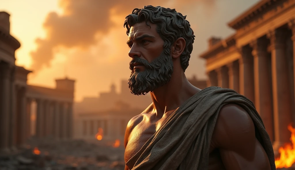 A young, attractive Stoic philosopher with a well-toned physique, short well-groomed beard, and neatly styled wavy hair stands in an ornate Roman office. His bronze skin glows in the soft light filtering through a large window with Roman columns. He wears a tunic with an open shoulder that reveals his muscular build. His expression shows frustration as he points accusingly at a scroll on a stone desk, symbolizing blaming someone else. The room is filled with rich wooden furniture, marble statues, and rolled-up scrolls. The light from an oil lamp flickers nearby, adding a warm ambiance to the setting.